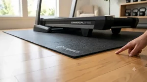 Close-up illustration of a thick, extra large treadmill mat protecting light hardwood flooring from scratches and scuffs.