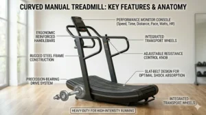 Graphic comparison showing the difference between a flat design and a curved manual treadmill for running performance.