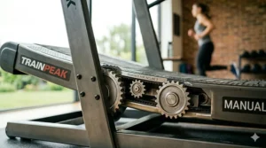 Illustration of a compact, folding manual incline treadmill stored vertically against a wall.