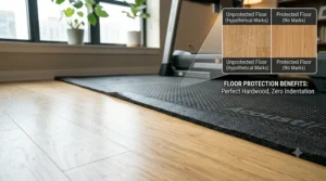 An illustration of a protective fitness mat preventing scratches, scuffs, and indentation marks on hardwood flooring from heavy gym equipment.