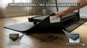 A protective equipment mat being lifted slightly to reveal clean, unstained polyurethane-finished hardwood underneath.