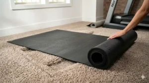 Close-up of a rolled black high-density rubber treadmill mat designed to lay flat over plush carpet pile.