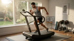 An athlete performing an intense HIIT sprint workout on the best manual treadmill for competitive training.
