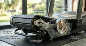 An explanatory diagram showing how a user-powered curved manual treadmill operates without a motor.