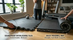Illustration comparing interlocking soundproof rubber tiles with a solid roll-out noise reduction treadmill mat.