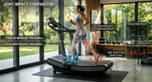 An illustration comparing joint impact reduction on a curved manual treadmill versus a flat motorized treadmill.