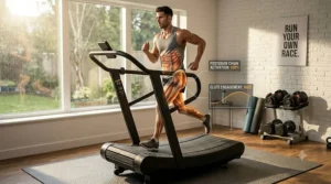 An infographic detailing muscle engagement and posterior chain activation when running on the best manual treadmill.