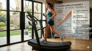 Fitness chart comparing the higher calorie burn rate of running on a manual treadmill versus a standard electric treadmill.