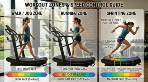 Illustration showing how to control speed and training zones while running on a curved manual treadmill.