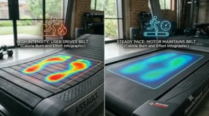 A fitness infographic showing higher exertion and calorie burn on a manual treadmill compared to an electric motorized treadmill.