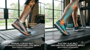 An anatomical illustration showing reduced joint impact on a curved manual treadmill versus running on a motorized electric treadmill.