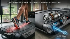 Illustration demonstrating a manual treadmill powered by user movement next to an electric treadmill plugged into a power outlet.