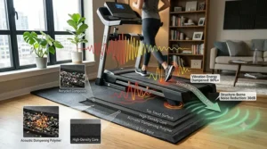 Diagram demonstrating how a specialized treadmill mat dampens motor vibrations and impact noise from traveling through floors.