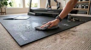 An extra large treadmill mat accommodating an elliptical machine and stationary bike to show versatile floor coverage.