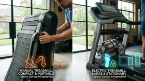 A person easily moving a lightweight manual treadmill compared to a heavy, stationary electric treadmill.