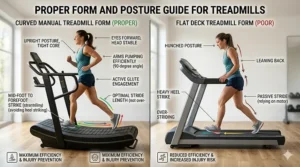 Illustration demonstrating correct posture and foot strike technique when using a manual treadmill for running.