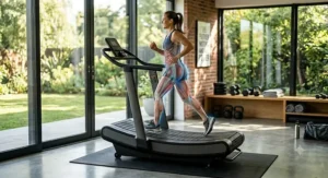 An illustration detailing the correct body posture and running form on a curved manual treadmill.