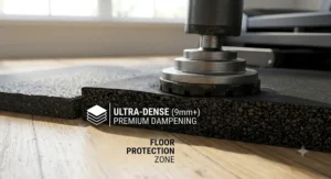 A close-up of a treadmill stabilizer foot pressing onto a thick protective mat to prevent indentations on hardwood flooring.