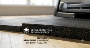 Close-up texture view of a high density thick rubber treadmill mat designed to absorb heavy equipment vibrations.