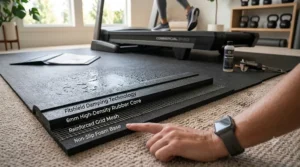 Side profile view showing the dense thickness of a premium rubber extra large treadmill mat designed for high-impact absorption.