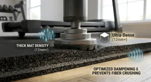 A durable high-thickness protective exercise mat placed over home carpeting to support a heavy treadmill and keep fibers clean.