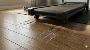 Close-up of scratches, indentations, and scuff marks left on a hardwood floor from fitness equipment feet without a protective mat.