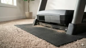 Diagram showing how a home gym equipment mat prevents loose carpet fibers and dust from entering a treadmill motor housing.