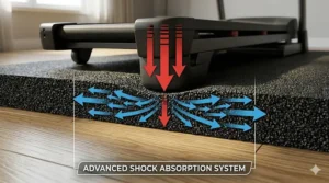 Diagram showing a running shoe hitting a treadmill belt, with arrows pointing to a dense mat absorbing the impact force to protect the underlying wood floor.