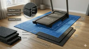 Dimensions layout blueprint showing how to measure treadmill width and length to choose the correct size mat for a home workout space.