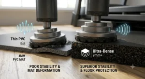 A visual comparison displaying how premium treadmill mat thickness prevents heavy fitness equipment from slipping or walking during intense workouts.