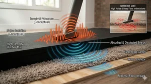 Infographic illustrating how a thick exercise equipment mat absorbs motor vibration and reduces treadmill noise on carpeted floors.