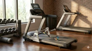 The digital touch-screen console of a premium used commercial treadmill showing active heart rate and speed settings.