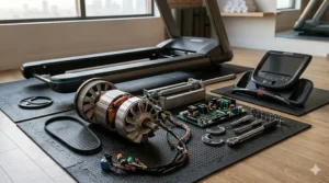 Gym staff technician inspecting the internal motor housing and drive belt of a used commercial treadmill.
