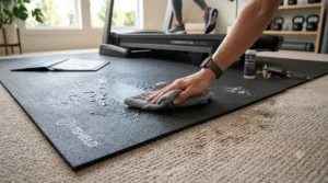 A damp cloth wiping away sweat and water droplets from a waterproof, easy-to-clean gym equipment mat.