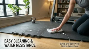 Graphic showing a sweat-resistant and waterproof treadmill mat being easily wiped clean with a damp cloth.