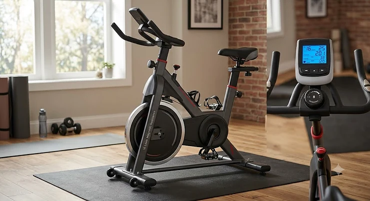 Full view of a stationary exercise bike featuring a 16 level magnetic resistance system for home workouts. 16 level magnetic resistance bike