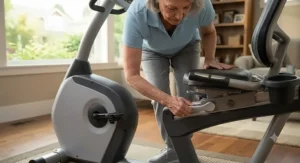 Active senior woman adjusting the quick-release seat on a recumbent exercise bike for seniors