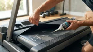 Squeezing a continuous, zigzag line of silicone oil directly onto the smooth deck surface under the raised center of a treadmill belt.