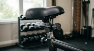 Close-up of the adjustable padded seat and quick-turn adjustment knob on an Assault air bike.