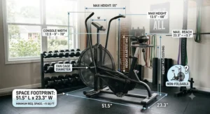 Schematic diagram displaying the physical dimensions, height, and space footprint of an Assault air bike.