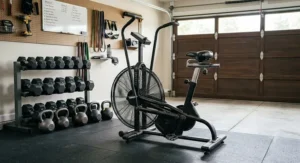 An Assault air bike placed alongside kettlebells and dumbbells in a modern American garage gym setup.