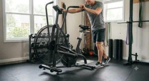 A person easily rolling and moving an Assault air bike using the built-in transport wheels on the front stabilizer bar.