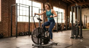 Beginner practicing proper posture and pedal technique during an entry-level air bike workout routine
