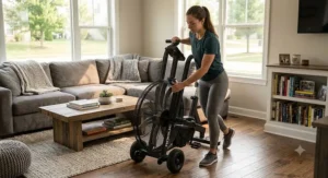 A person easily moving a compact air bike using its front transport wheels in a residential living room.