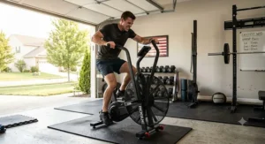 A male Crossfit athlete aggressively pedaling and pumping the handles of a professional-grade air bike in a garage gym.