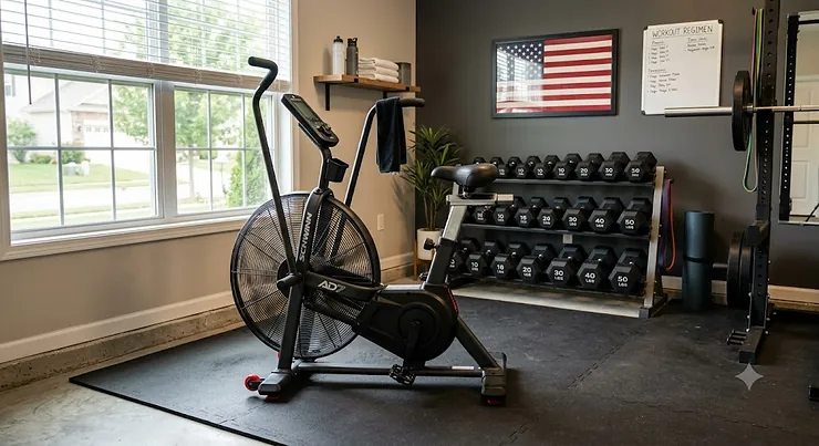 A high-quality air bike positioned in a modern American home gym setup with dumbbells in the background. best air bike