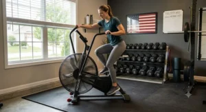 A female fitness enthusiast engaging in a low-impact, full-body cardiovascular workout on an air bike.