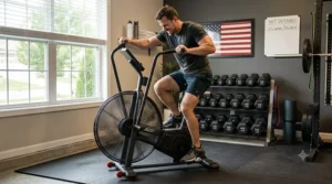 An athlete performing a high-intensity interval training HIIT workout on a heavy-duty steel air bike.