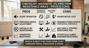 A infographic checklist summarizing the pros and cons of magnetic versus friction resistance stationary bikes.