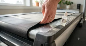 A hand lifting the side of a treadmill running belt to check for proper lubrication.